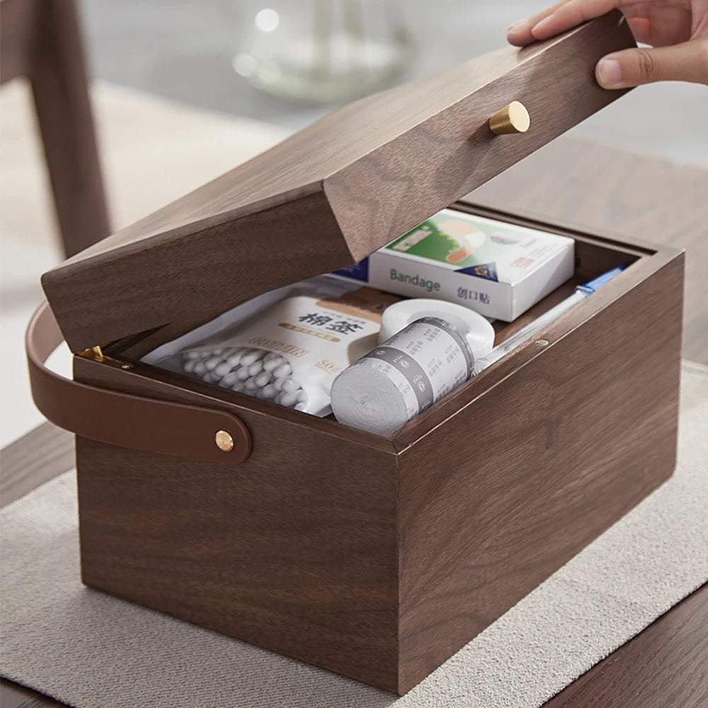 Household 5L Large Medical Box Two Layer Natural Sold Wooden Storage Box First Aid Medicine Kit Walnut Wood Medicine Organizer