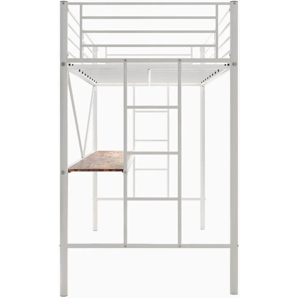 Metal Loft Bed with Desk & 2 Built-in Ladders,Safety Guard Rail, Space-Saving Design, No Box Spring Needed, Twin White