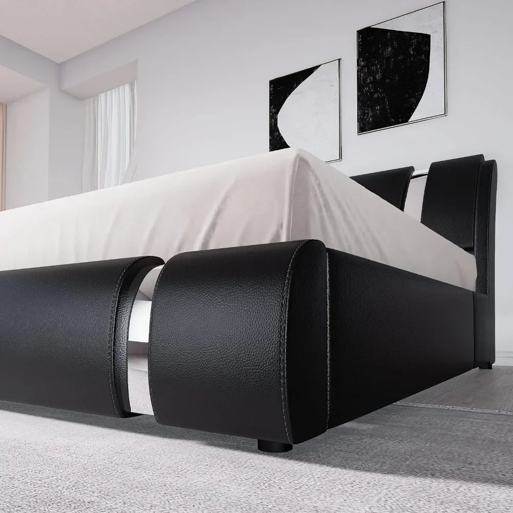 Bed frame, faux leather padded table bed with adjustable headboard, supported by wooden boards, oversized bed frame