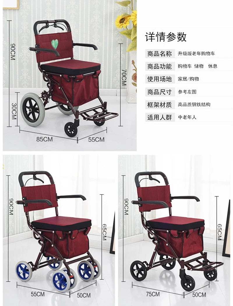 Elderly Walker with Wheels Carbon Steel Folding Portable Elderly Walker Shopping Cart Trolley Rehabilitation Walking Walker