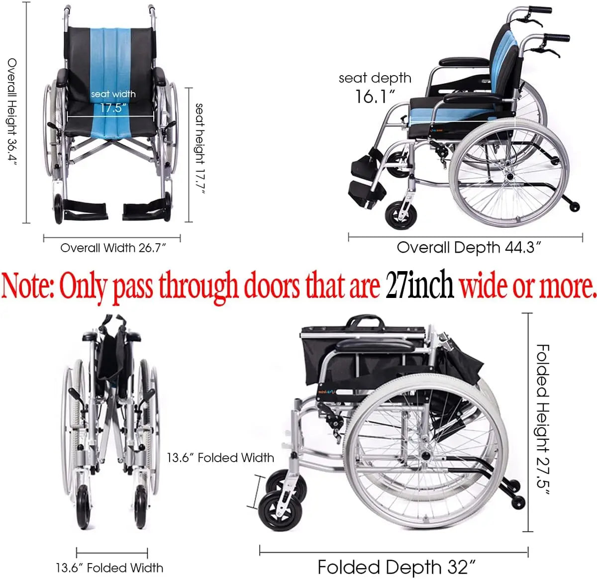 Hi-Fortune Lightweight Wheelchair 21lbs Self-propelled Chair with Travel Bag and Cushion, Portable 17.5” W Seat, Brake, Anti-Tip