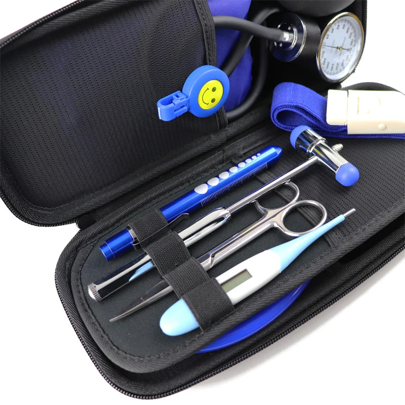 12PCS Set Medical Storage Kit Health Bag Pouch and Stethoscope Manometer Reflex Hammer First Aid Tourniquet Penlight Thermometer