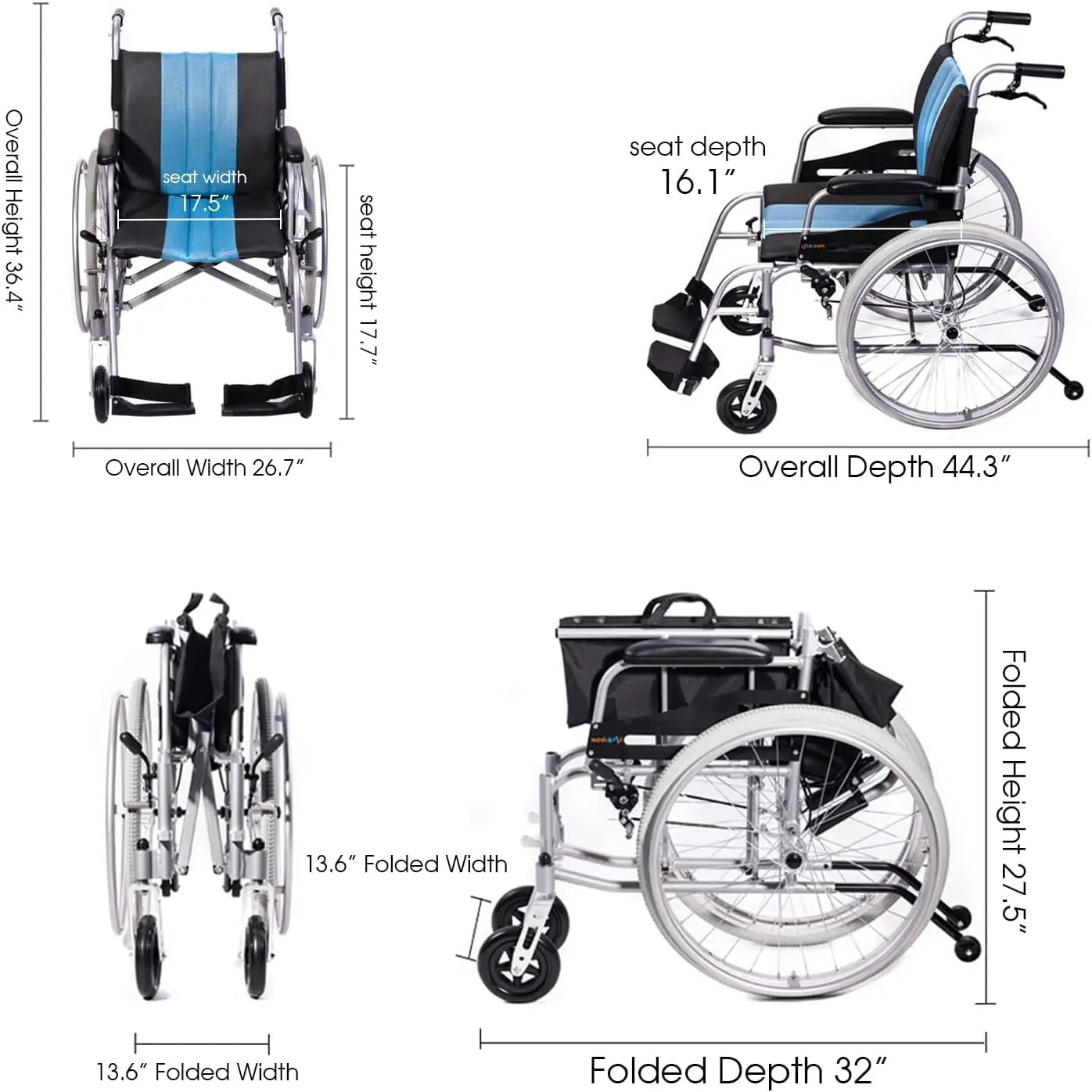 Hi-Fortune Lightweight Wheelchair 21lbs Self-propelled Chair with Travel Bag and Cushion, Portable 17.5” W Seat, Brake, Anti-Tip