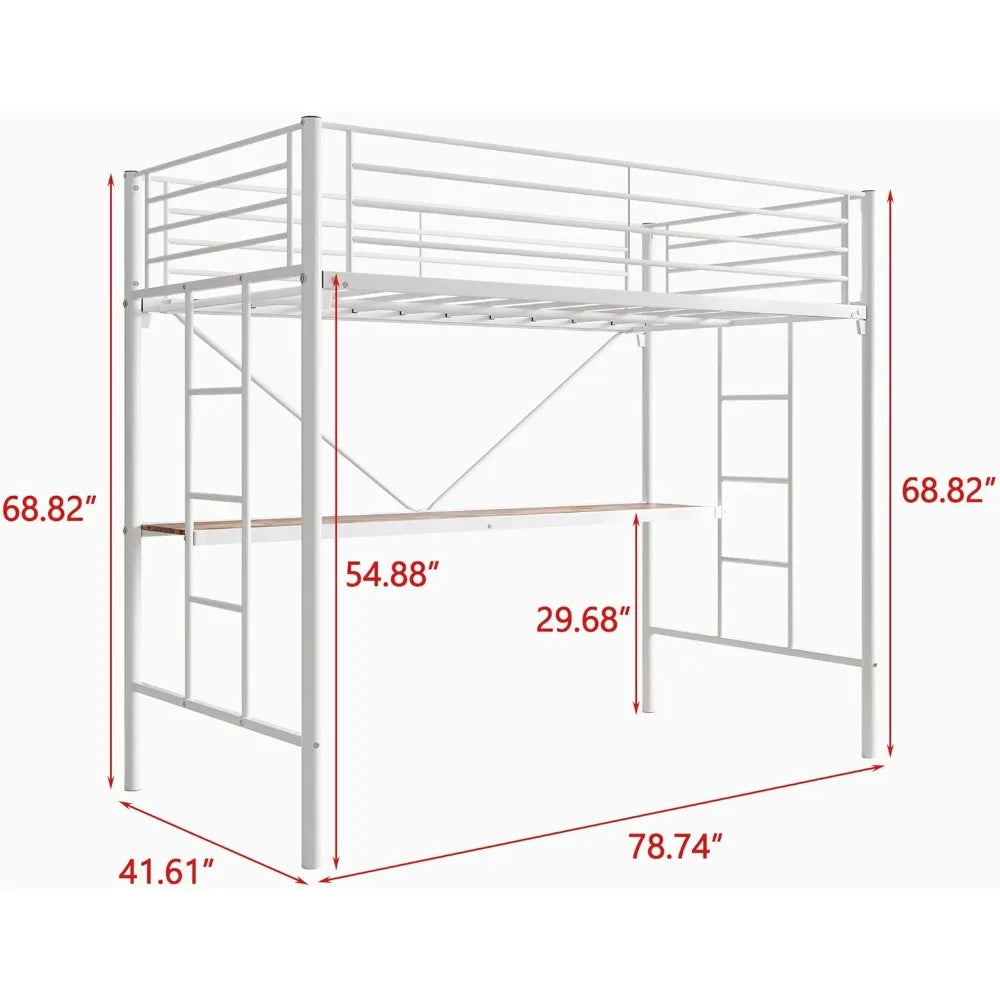 Metal Loft Bed with Desk & 2 Built-in Ladders,Safety Guard Rail, Space-Saving Design, No Box Spring Needed, Twin White