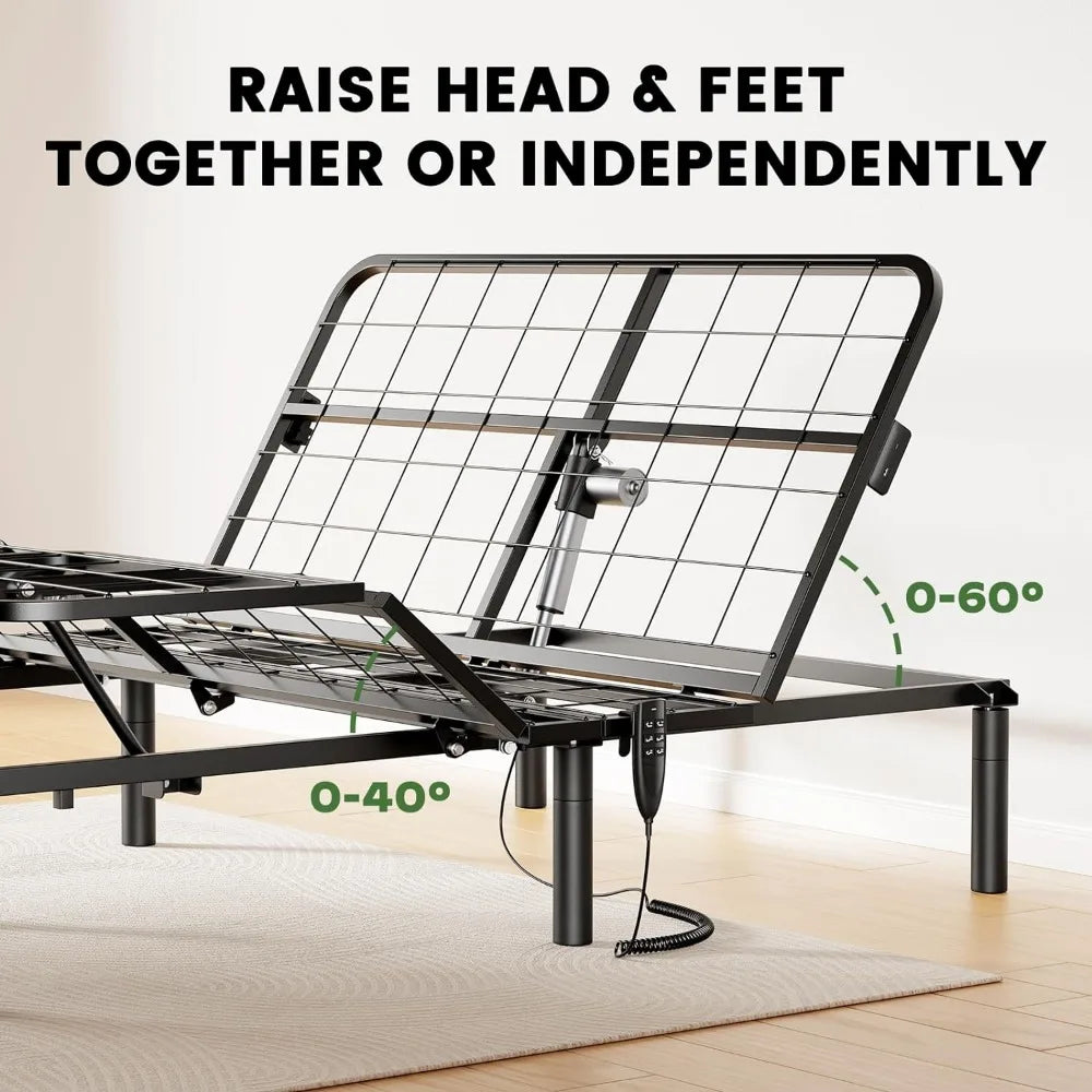 Marsail Queen Adjustable Bed Base Frame with 4 Height Options, Independent Head and Foot Incline, 4 USB Ports