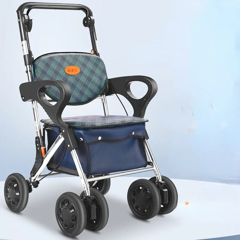 Large Capacity Aluminum Folding Mobility Scooter Elderly Grocery Cart with Hands to Push Can Sit and Push Shopping Trolley