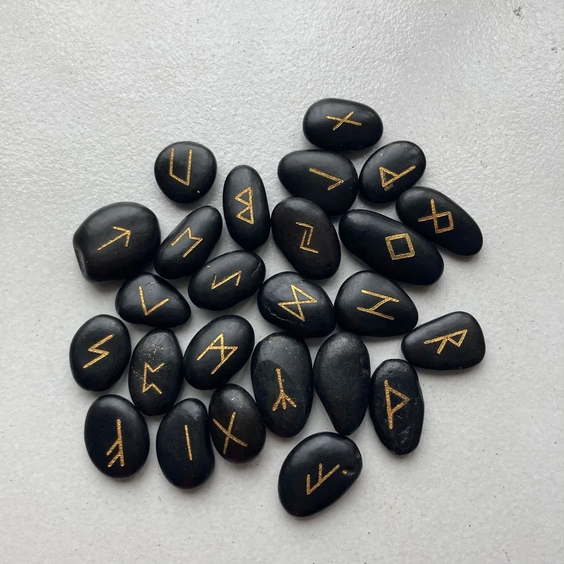 25pcs/set Engraved Riverstones Viking Rune Stones Set Carved Black Lettering runes Game Divination Astrology Altar Amulet Sign