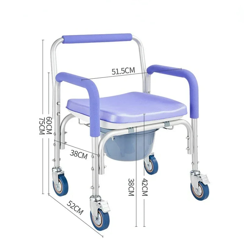 Mobile Toilet Chair with Wheels for Elderly, Foldable Portable Armrest Bath Chair, Aluminum Alloy, Easy Clean, Rolling Commode