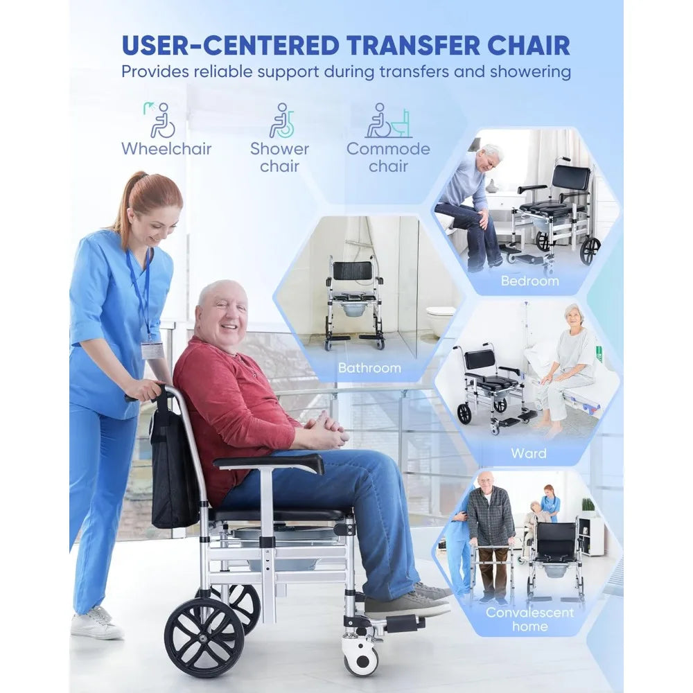 Shower Chair with Wheels,Hybodies Folding Shower Wheel, Transport Chair,Commode, Rolling Bath Chair for Handicap,Elderly&Injured