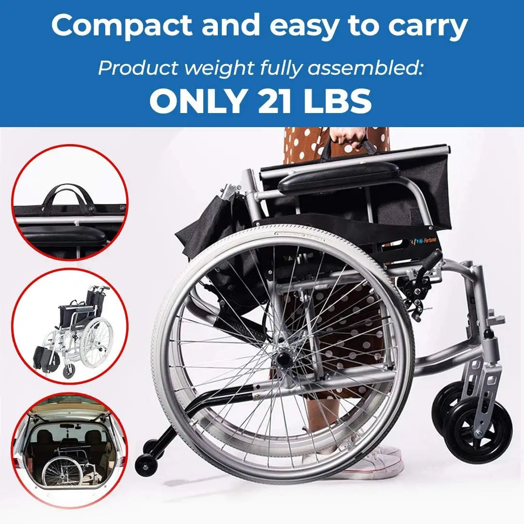 Hi-Fortune Lightweight Wheelchair 21lbs Self-propelled Chair with Travel Bag and Cushion, Portable 17.5” W Seat, Brake, Anti-Tip