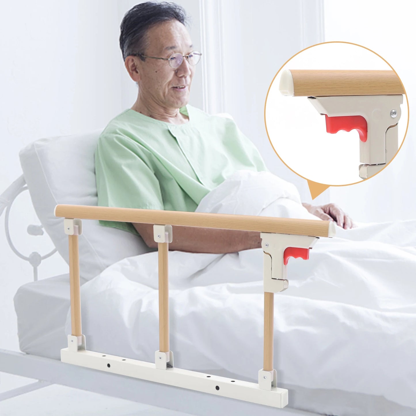 Foldable Wooden Grain Rail for the Elderly, Bed Rail Safety Frame for Seniors, Pregnant Patients, Handrail Available