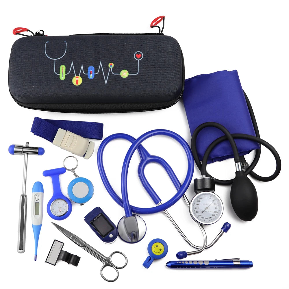 12PCS Set Medical Storage Kit Health Bag Pouch and Stethoscope Manometer Reflex Hammer First Aid Tourniquet Penlight Thermometer