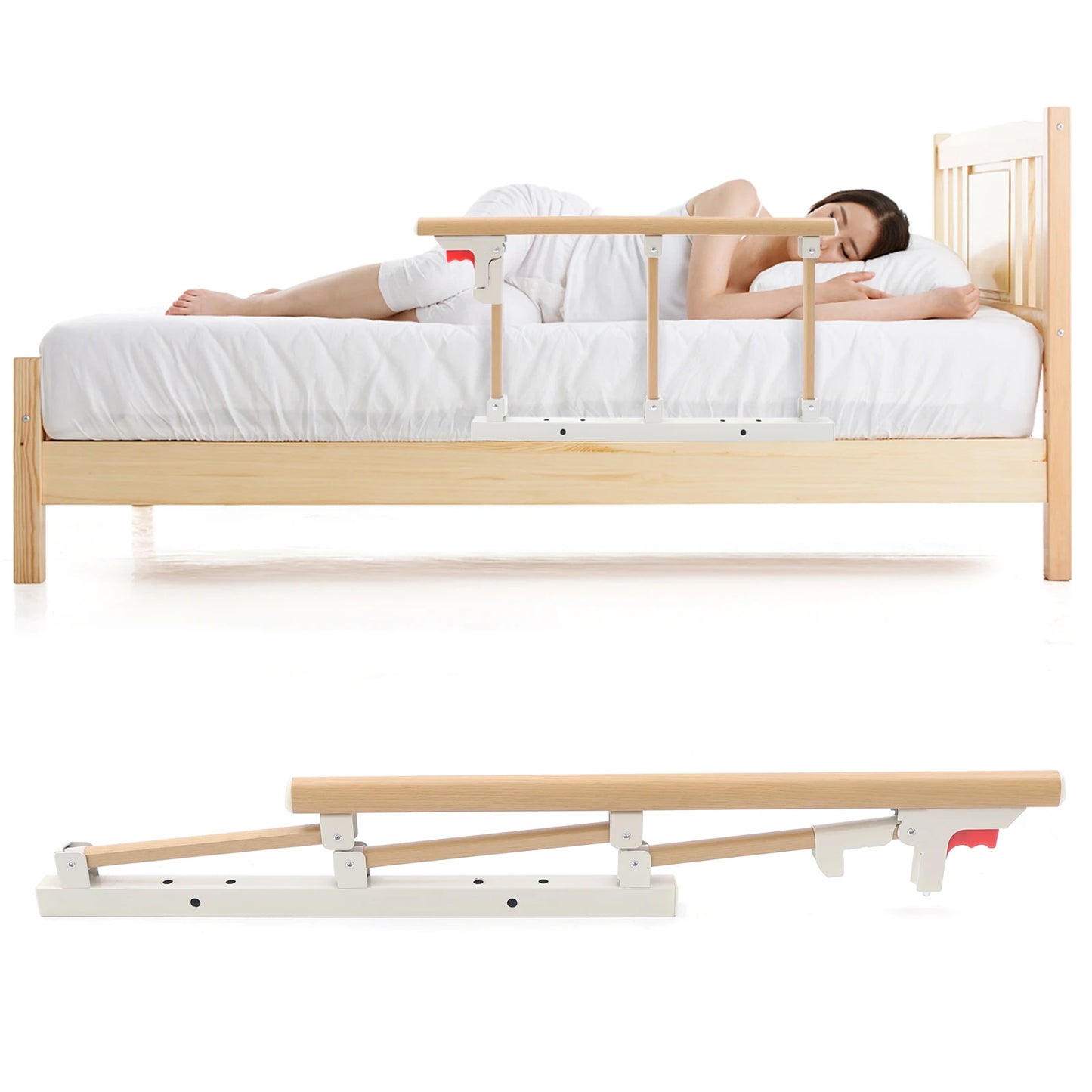 Foldable Wooden Grain Rail for the Elderly, Bed Rail Safety Frame for Seniors, Pregnant Patients, Handrail Available