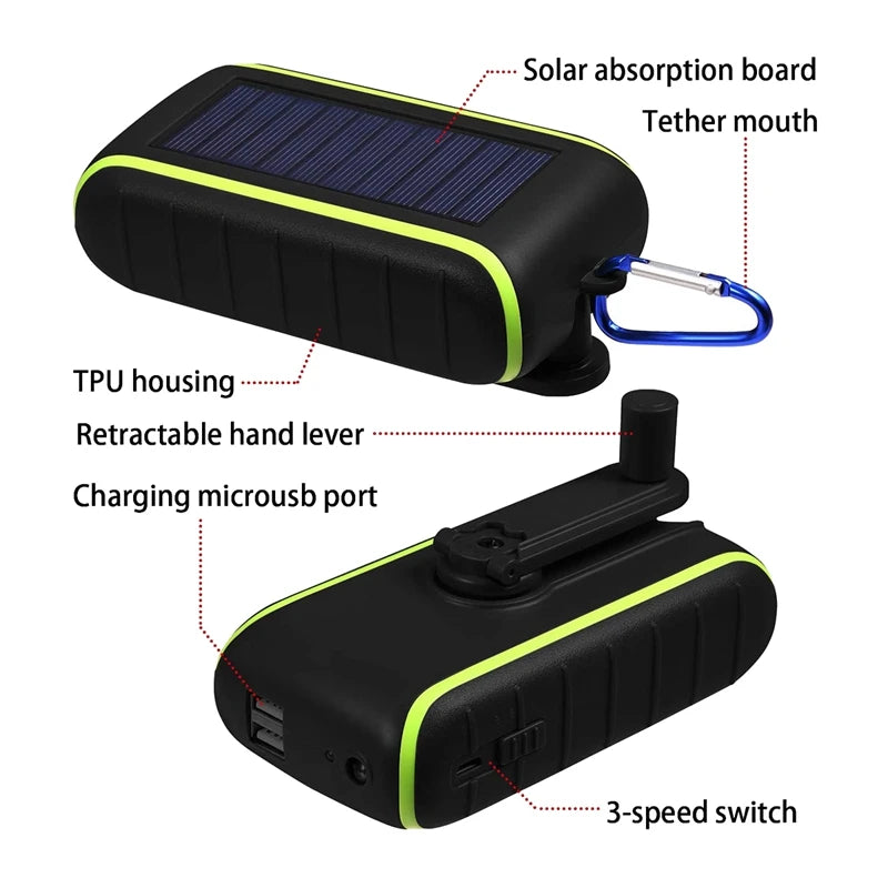 Solar Charger, 8000Mah Portable Hand Crank Phone Charger 2 USB Ports Solar Power Bank With LED Flashlight, Carabiner