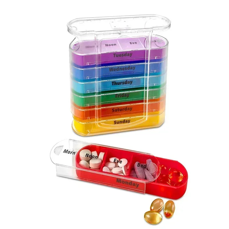 Portable Weekly 7 Days Pill Box Colorful Design Stackable 4 Times a Day Medicine Storage Dispenser/Plastic Pill Organizer Boxs