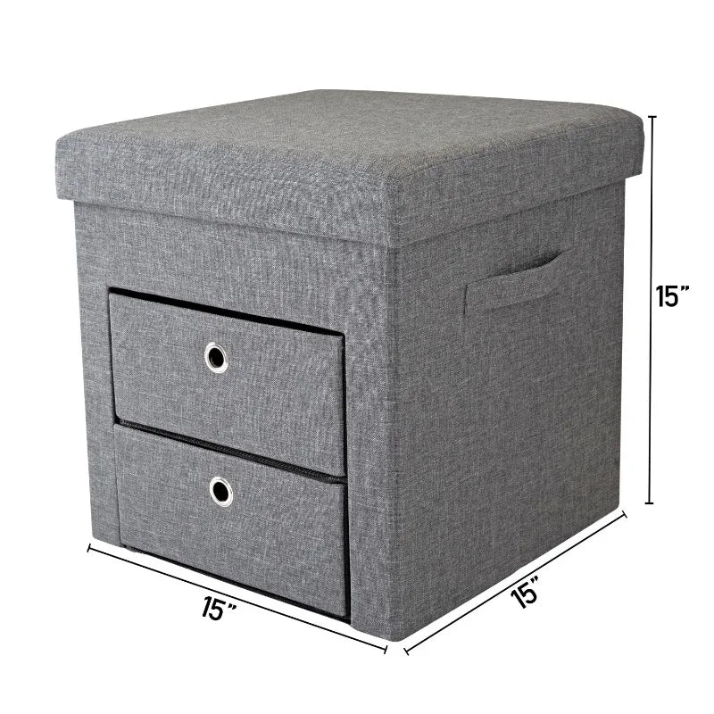 2 Drawer Collapsible Storage Ottoman | Perfect for Gaming| Toys| Magazines| Linens| Blankets & More | Grey