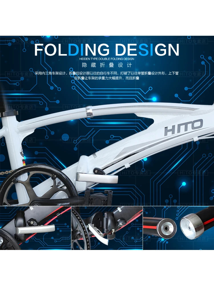 HITO-Double Tube Folding Bicycle, Super Portable Disc Brake, Variable Speed, Adult, Male and Female Road Bicycle, 22 Inch