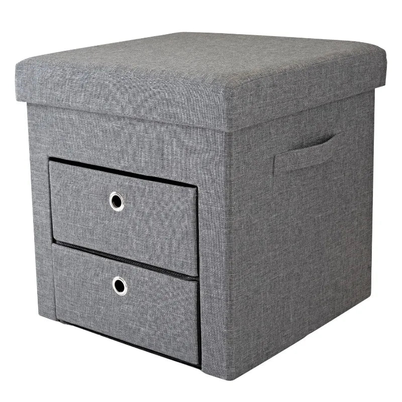 2 Drawer Collapsible Storage Ottoman | Perfect for Gaming| Toys| Magazines| Linens| Blankets & More | Grey