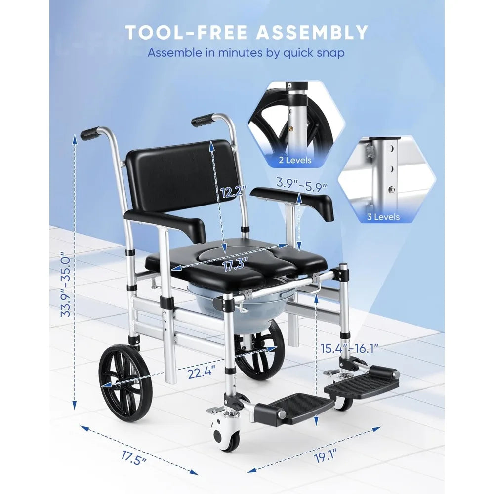 Shower Chair with Wheels,Hybodies Folding Shower Wheel, Transport Chair,Commode, Rolling Bath Chair for Handicap,Elderly&Injured