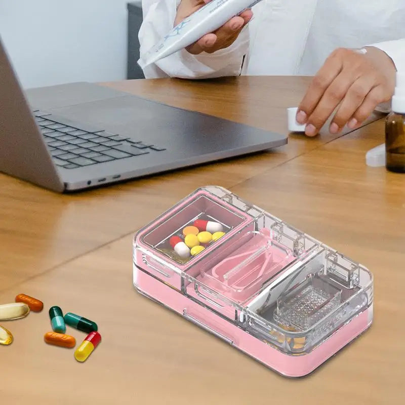 3 In 1 Small Pill Cutter Portable Medicine Box Pill Tablets Container Waterproof Travel Case Pill Splitter Cuts Vitamins Tablet