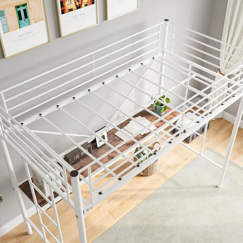 Metal Loft Bed with Desk & 2 Built-in Ladders,Safety Guard Rail, Space-Saving Design, No Box Spring Needed, Twin White