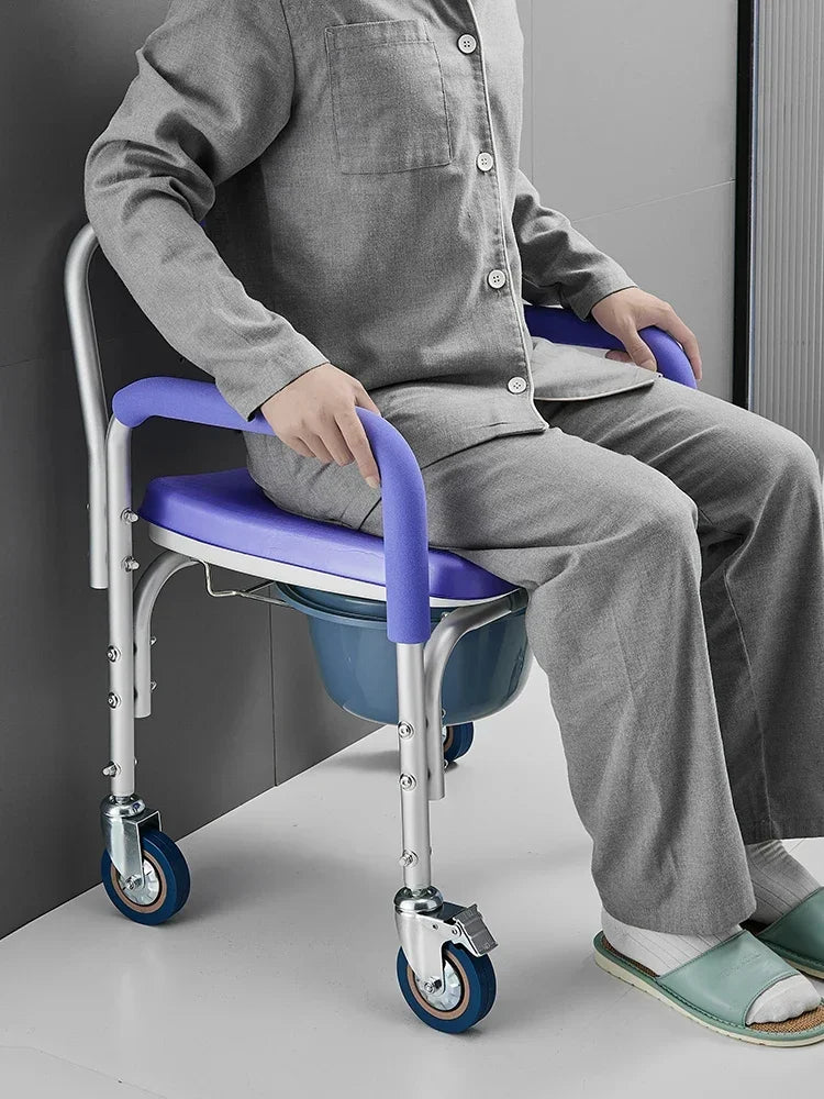 Mobile Toilet Chair with Wheels for Elderly, Foldable Portable Armrest Bath Chair, Aluminum Alloy, Easy Clean, Rolling Commode