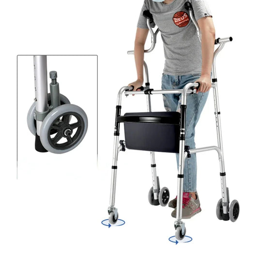 High Support Point Walking Aid with Wheels Four-Legged Aluminum Alloy Crutch One-Click Folding Walkers for Elderly