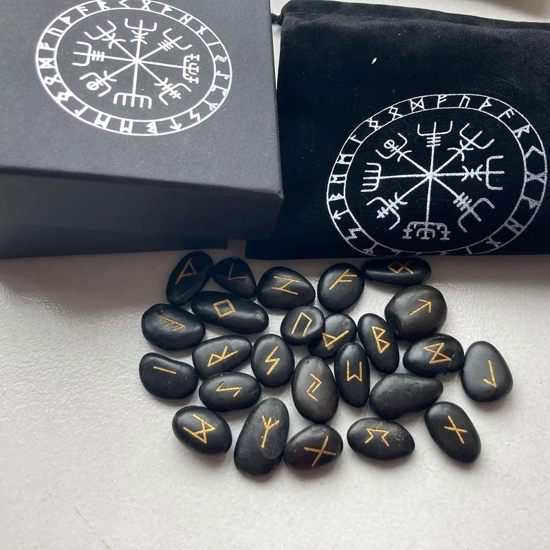 25pcs/set Engraved Riverstones Viking Rune Stones Set Carved Black Lettering runes Game Divination Astrology Altar Amulet Sign