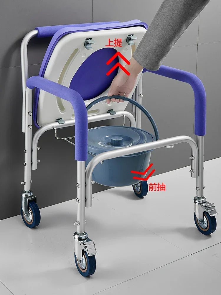 Mobile Toilet Chair with Wheels for Elderly, Foldable Portable Armrest Bath Chair, Aluminum Alloy, Easy Clean, Rolling Commode