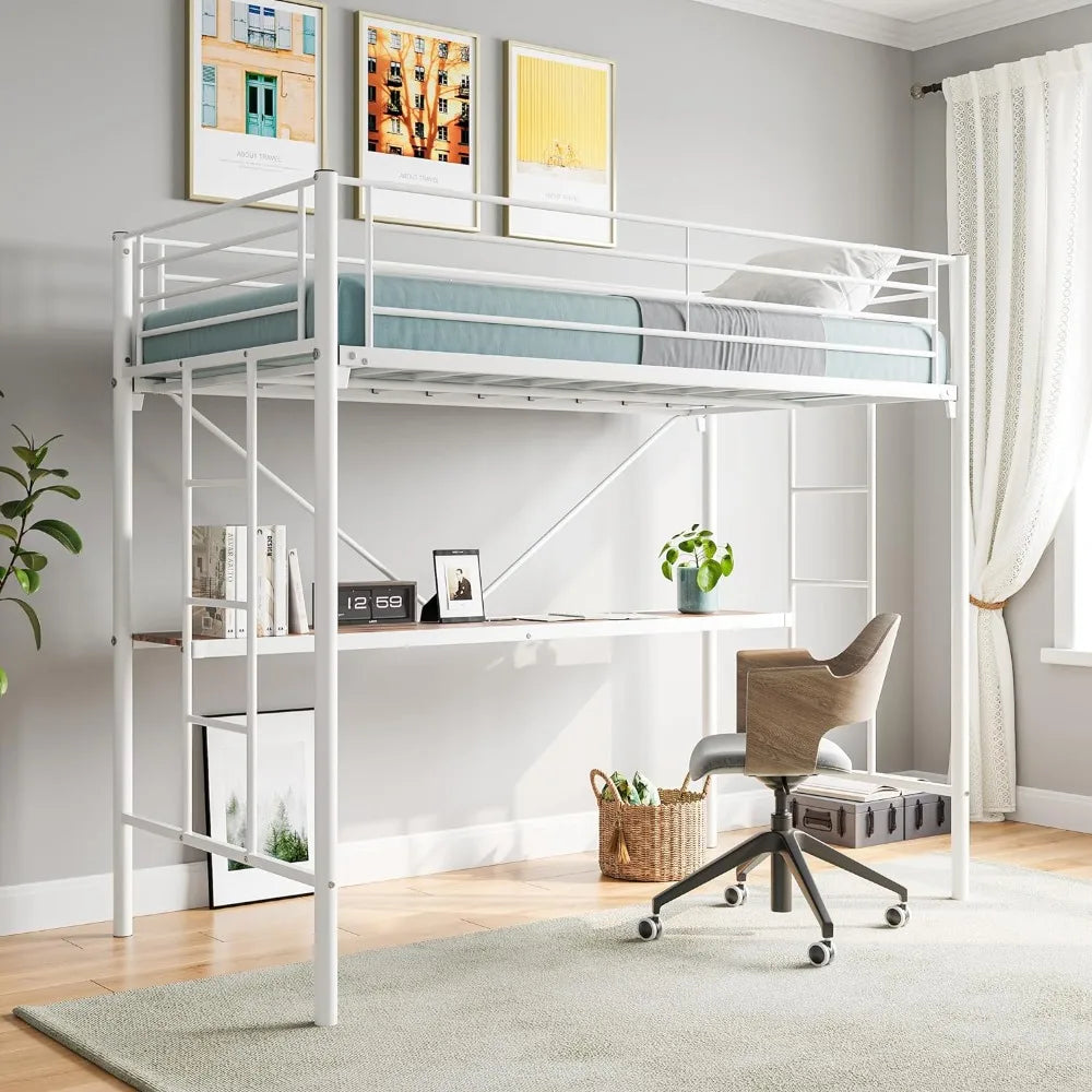 Metal Loft Bed with Desk & 2 Built-in Ladders,Safety Guard Rail, Space-Saving Design, No Box Spring Needed, Twin White