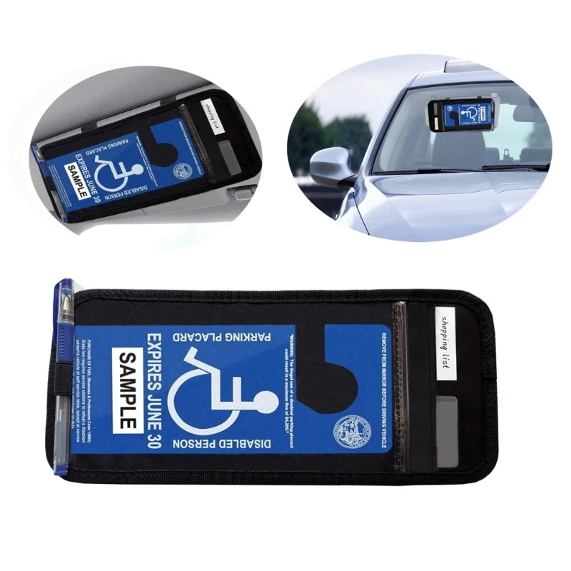 Multi-Pocket Handicap Disability Parking Permit Placard Holder Protector Cover Sleeve Car Sun Visor Elastic Strap Storage Bag